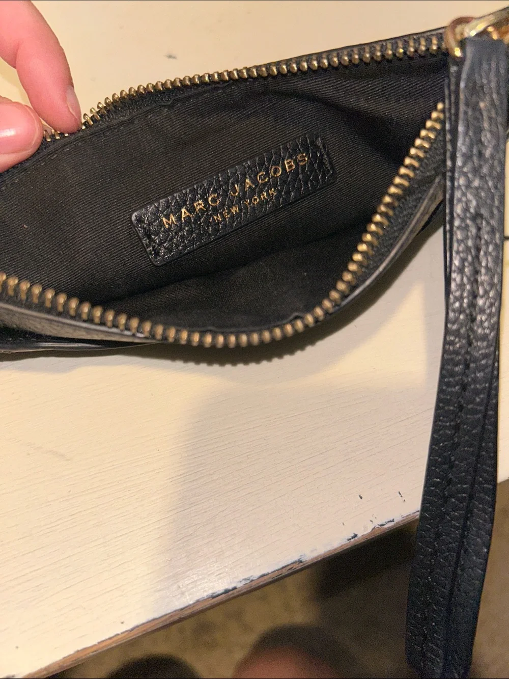 Marc Jacobs Navy Pebbled Leather Wristlet with Gold Logo